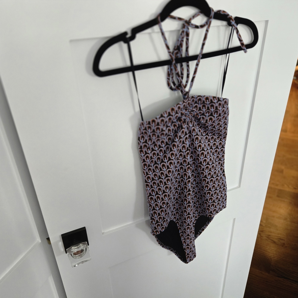 NWT Zara Halter Bodysuit With Mod Pattern Center Tie And Rouching - Picture 6 of 12